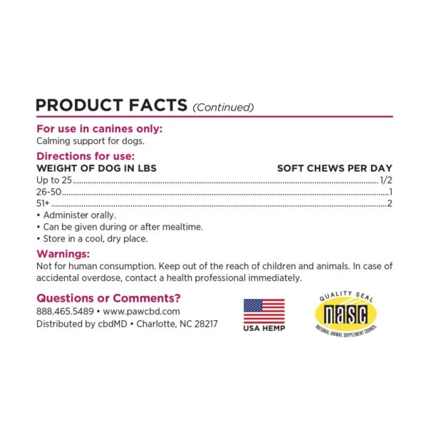 Paw CBD Calming Chews Turkey 600mg 30ct Supplement Facts