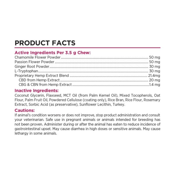 Paw CBD Calming Chews Turkey 600mg 30ct Supplement Facts