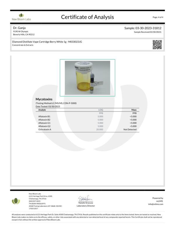 Diamond Distillate Vape Cartridge Berry White Mycotoxins Certificate of Analysis