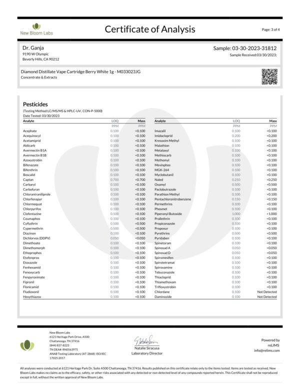 Diamond Distillate Vape Cartridge Berry White Pesticides Certificate of Analysis