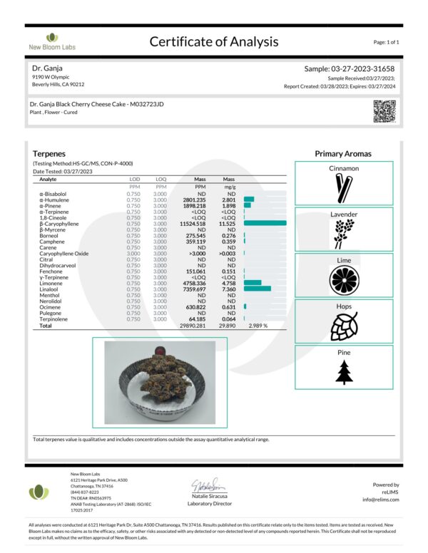 Dr.Ganja Black Cherry Cheesecake Terpenes Certificate of Analysis