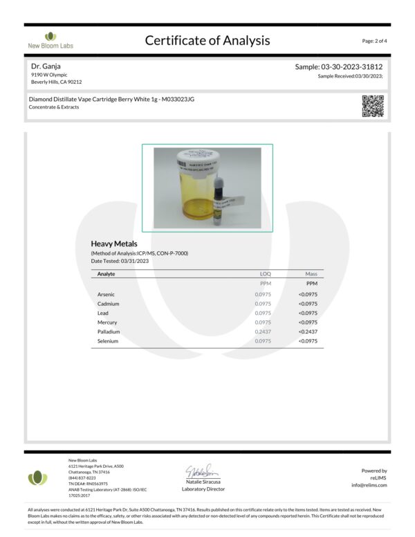 Dr.Ganja Diamond Distillate Vape Cartridge Berry White Heavy Metals Certificate of Analysis