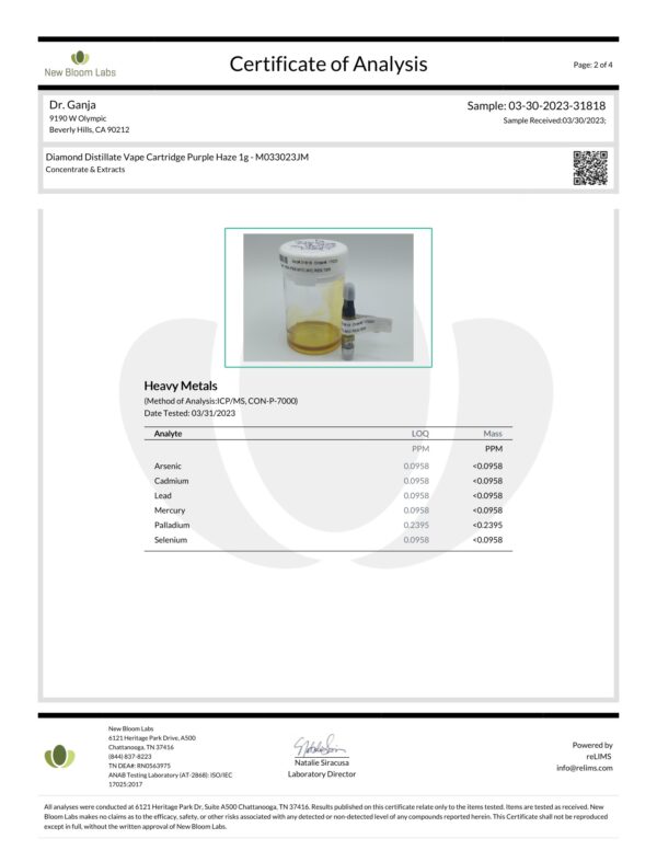 Dr.Ganja Diamond Distillate Vape Cartridge Purple Haze Heavy Metals Certificate of Analysis