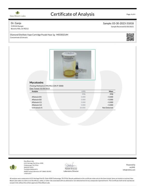 Dr.Ganja Diamond Distillate Vape Cartridge Purple Haze Mycotoxins Certificate of Analysis