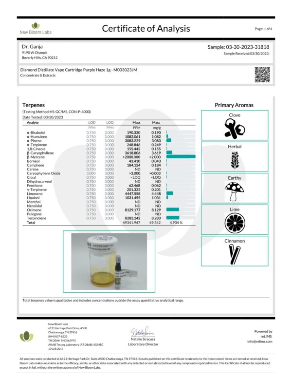 Dr.Ganja Diamond Distillate Vape Cartridge Purple Haze Terpenes Certificate of Analysis