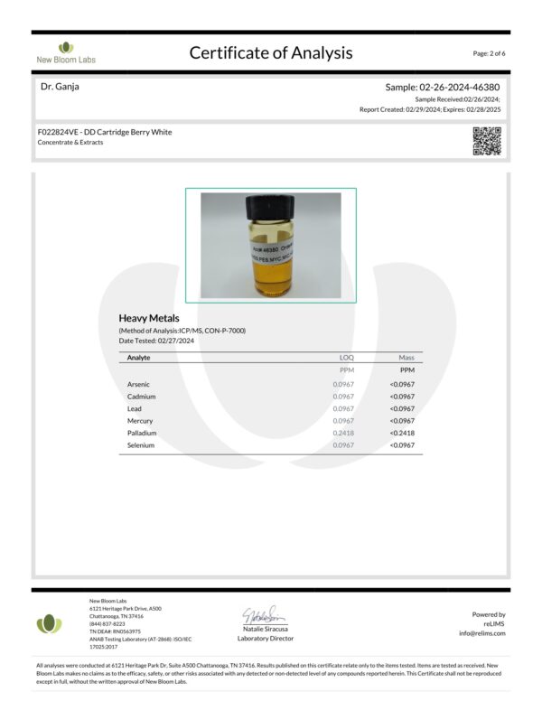 Diamond Distillate Cartridge Berry White Heavy Metals Certificate of Analysis