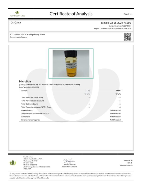 Diamond Distillate Cartridge Berry White Microbials Certificate of Analysis