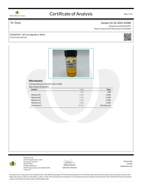 Diamond Distillate Cartridge Berry White Mycotoxins Certificate of Analysis