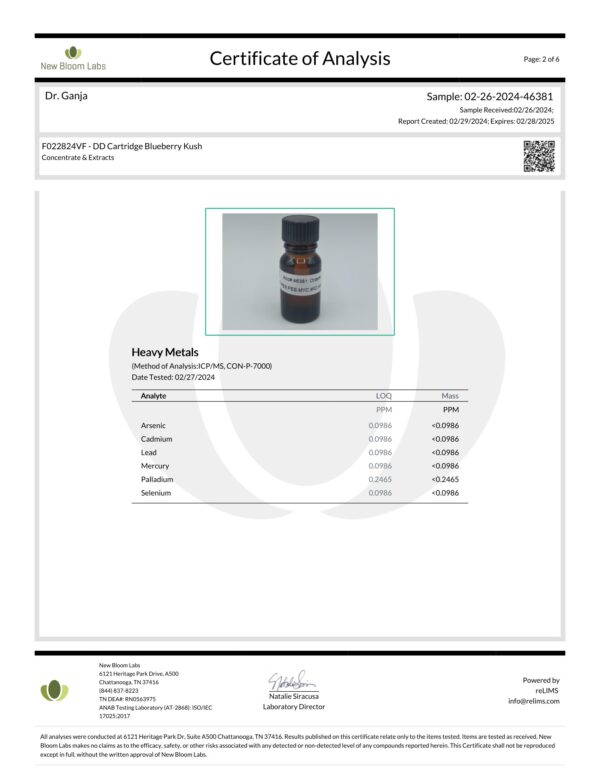 Diamond Distillate Cartridge Blueberry Kush Heavy Metals Certificate of Analysis