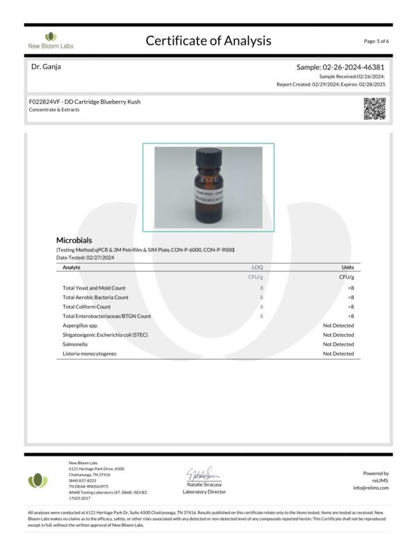 Diamond Distillate Cartridge Blueberry Kush Microbials Certificate of Analysis