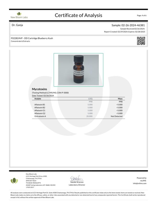 Diamond Distillate Cartridge Blueberry Kush Mycotoxins Certificate of Analysis