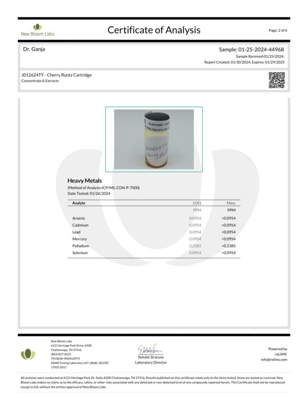 Diamond Distillate Cartridge Cherry Runtz Heavy Metals Certificate of Analysis