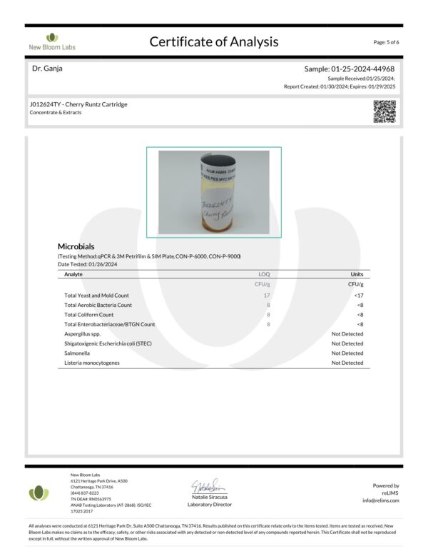 Diamond Distillate Cartridge Cherry Runtz Microbials Certificate of Analysis