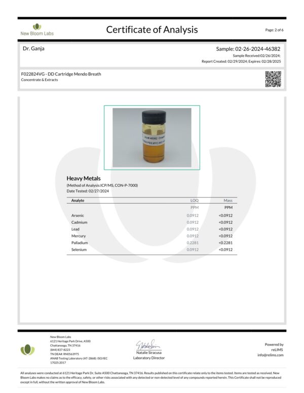 Diamond Distillate Cartridge Mendo Breath Heavy Metals Certificate of Analysis