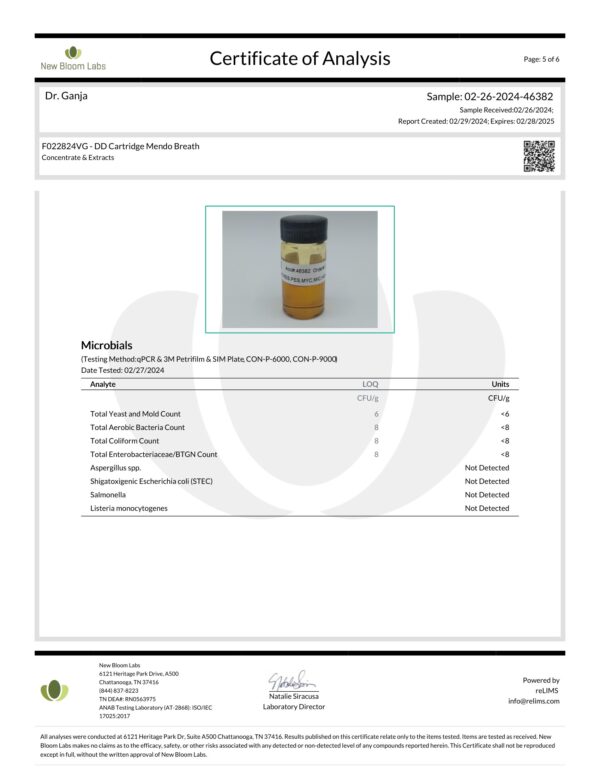 Diamond Distillate Cartridge Mendo Breath Microbials Certificate of Analysis