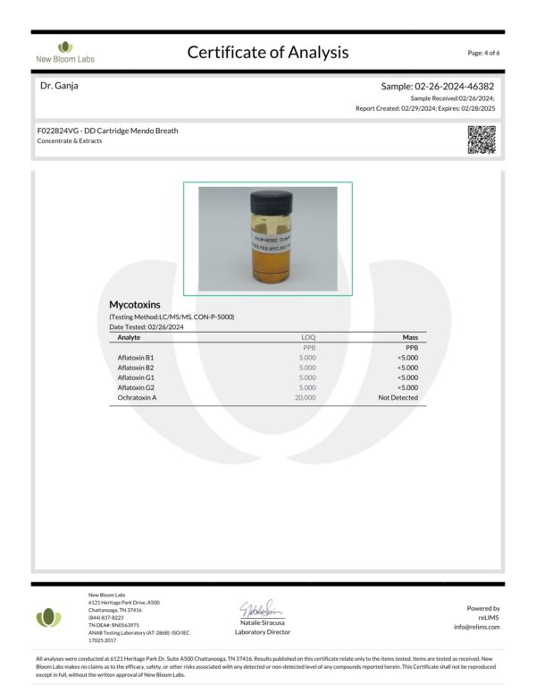 Diamond Distillate Cartridge Mendo Breath Mycotoxins Certificate of Analysis