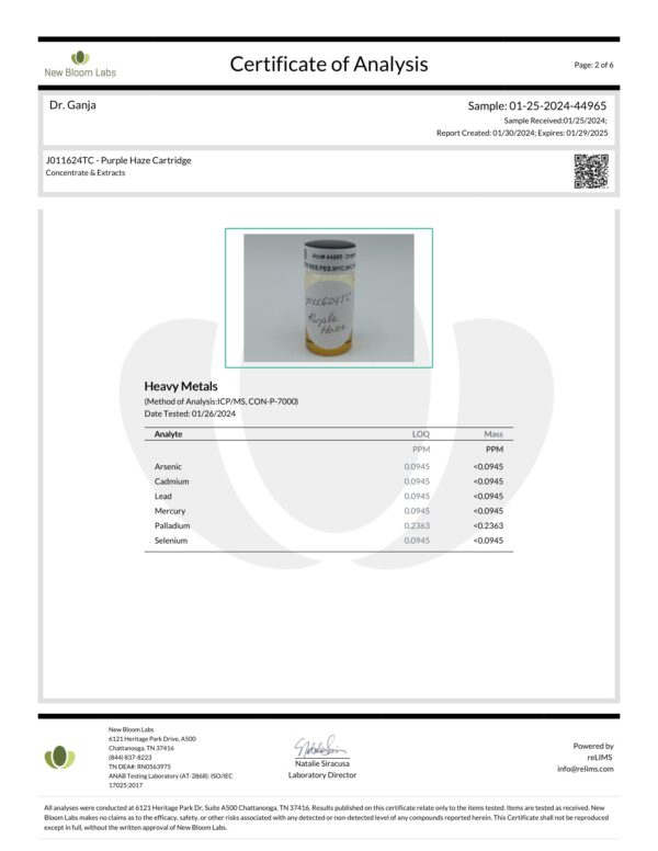 Diamond Distillate Cartridge Purple Haze Heavy Metals Certificate of Analysis