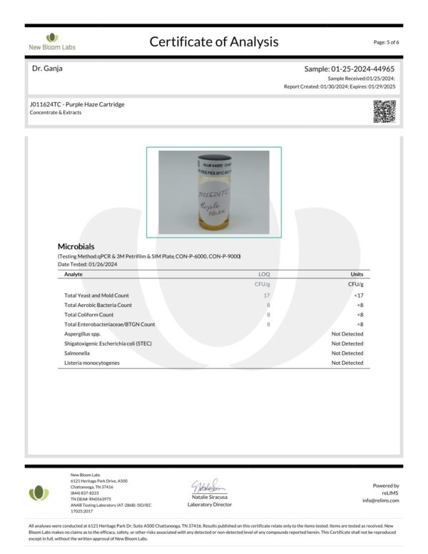 Diamond Distillate Cartridge Purple Haze Microbials Certificate of Analysis