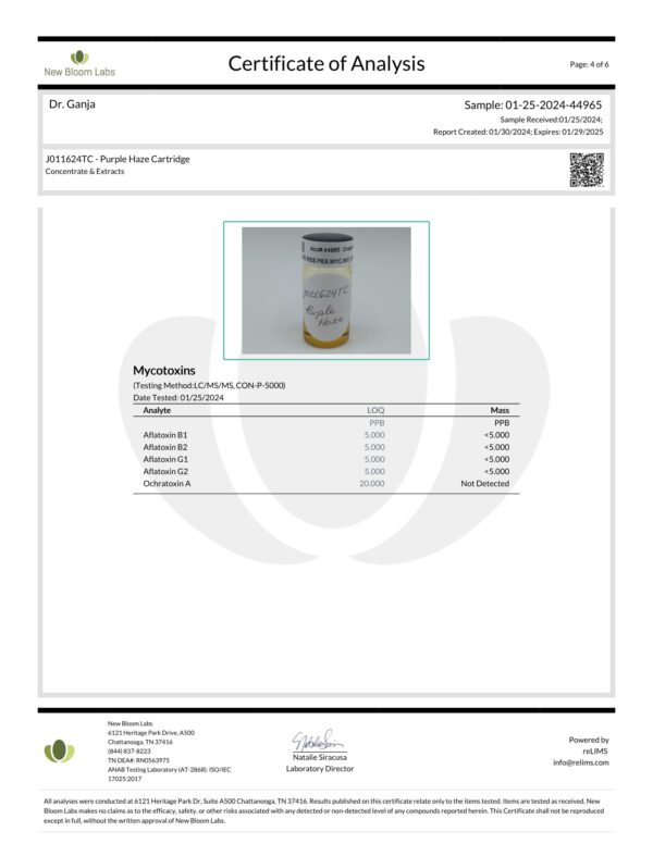 Diamond Distillate Cartridge Purple Haze Mycotoxins Certificate of Analysis