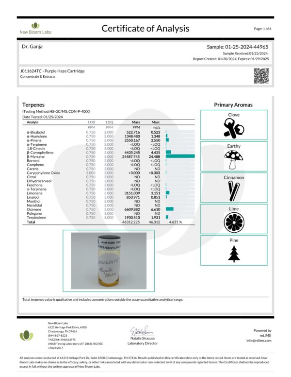 Diamond Distillate Cartridge Purple Haze Terpenes Certificate of Analysis