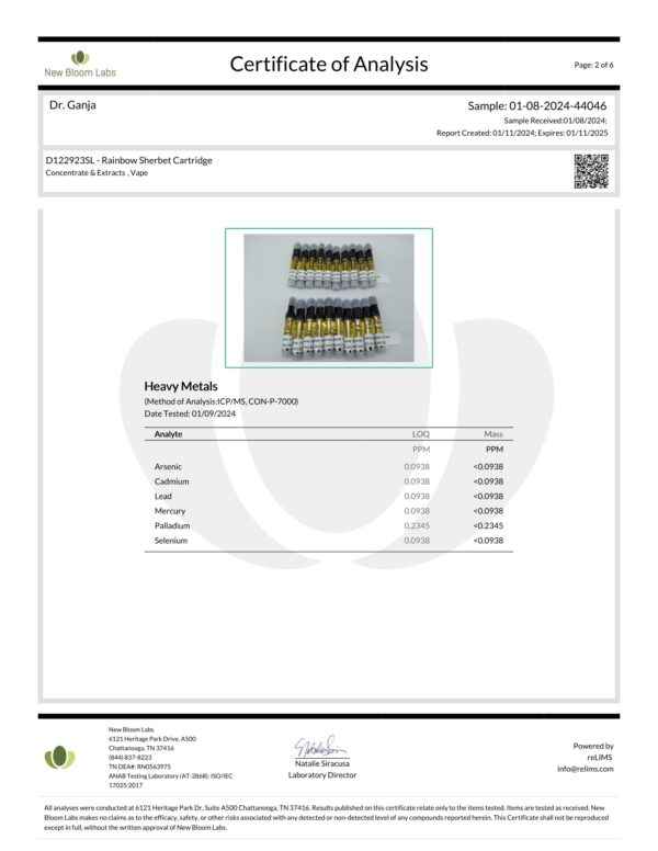 Diamond Distillate Cartridge Rainbow Sherbet Heavy Metals Certificate of Analysis