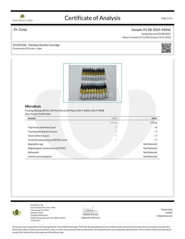 Diamond Distillate Cartridge Rainbow Sherbet Microbials Certificate of Analysis