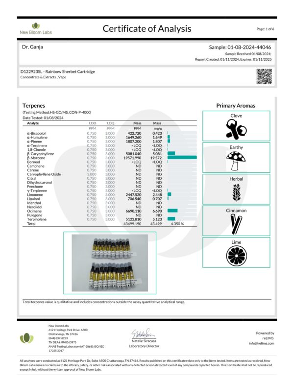Diamond Distillate Cartridge Rainbow Sherbet Terpenes Certificate of Analysis