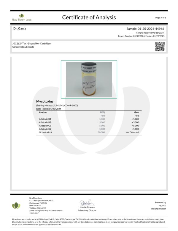 Diamond Distillate Cartridge Skywalker OG Mycotoxins Certificate of Analysis