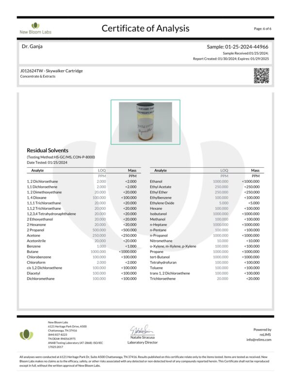 Diamond Distillate Cartridge Skywalker OG Residual Solvents Certificate of Analysis