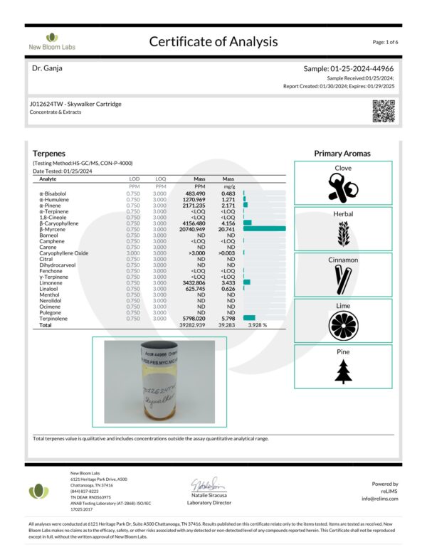 Diamond Distillate Cartridge Skywalker OG Terpenes Certificate of Analysis