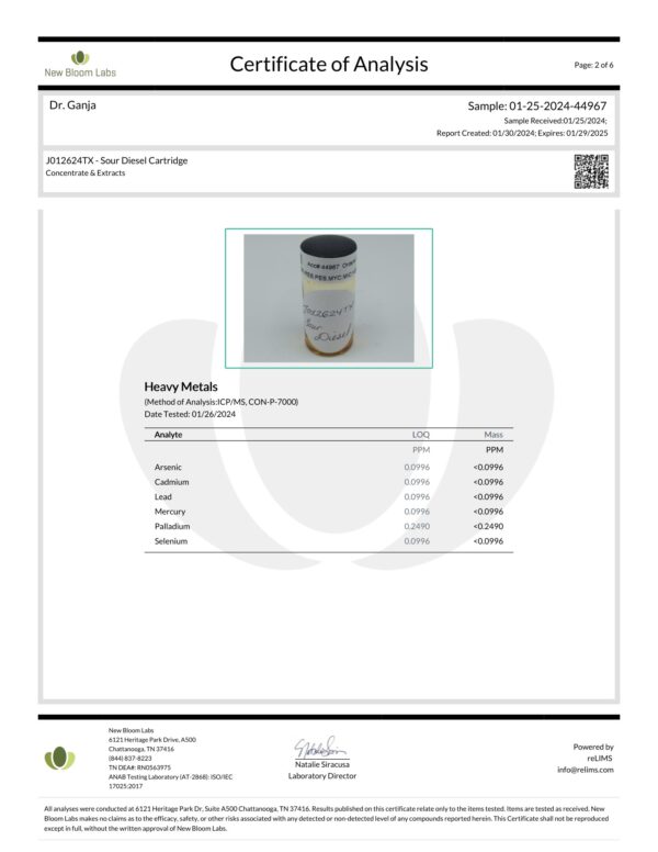 Diamond Distillate Cartridge Sour Diesel Heavy Metals Certificate of Analysis