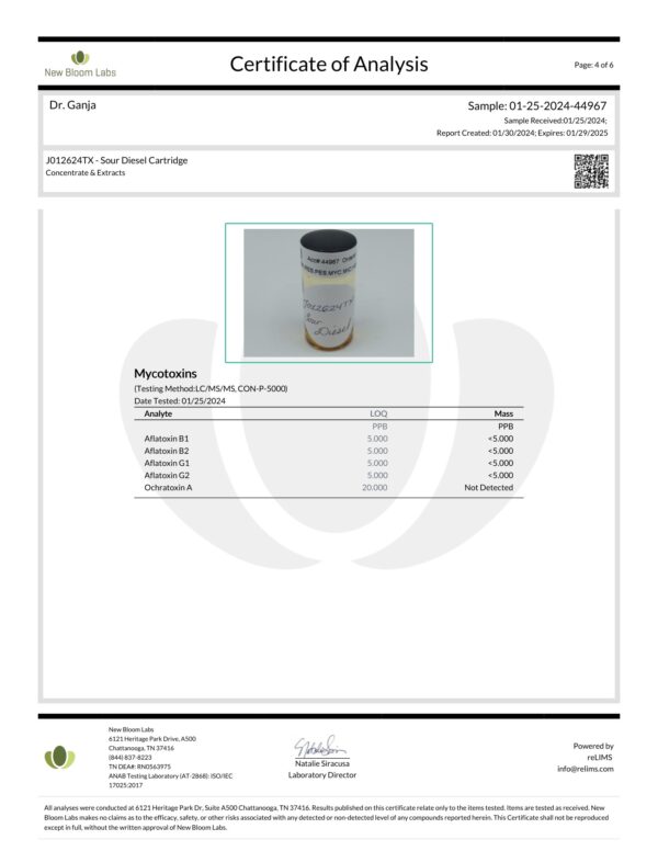 Diamond Distillate Cartridge Sour Diesel Mycotoxins Certificate of Analysis