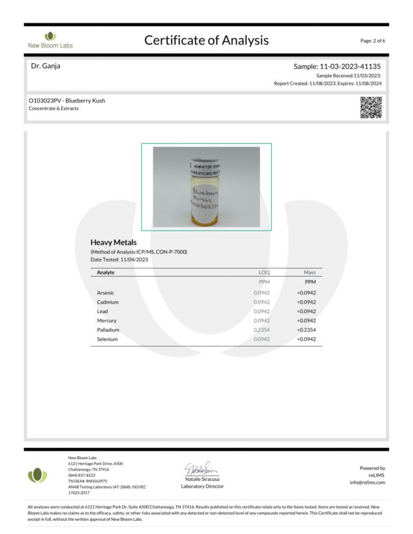 Diamond Distillate Vape Cartridge Blueberry Kush Heavy Metals Certificate of Analysis