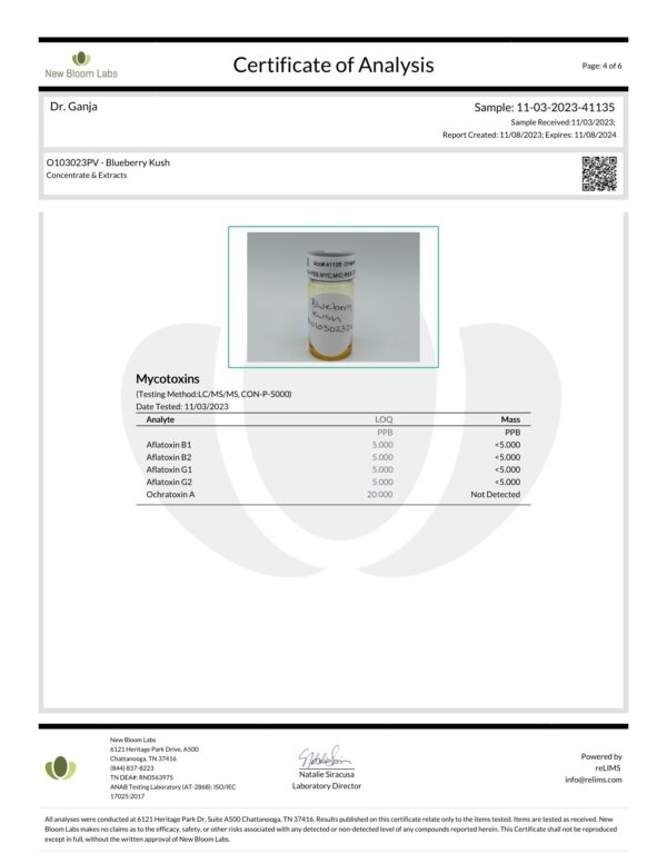 Diamond Distillate Vape Cartridge Blueberry Kush Mycotoxins Certificate of Analysis
