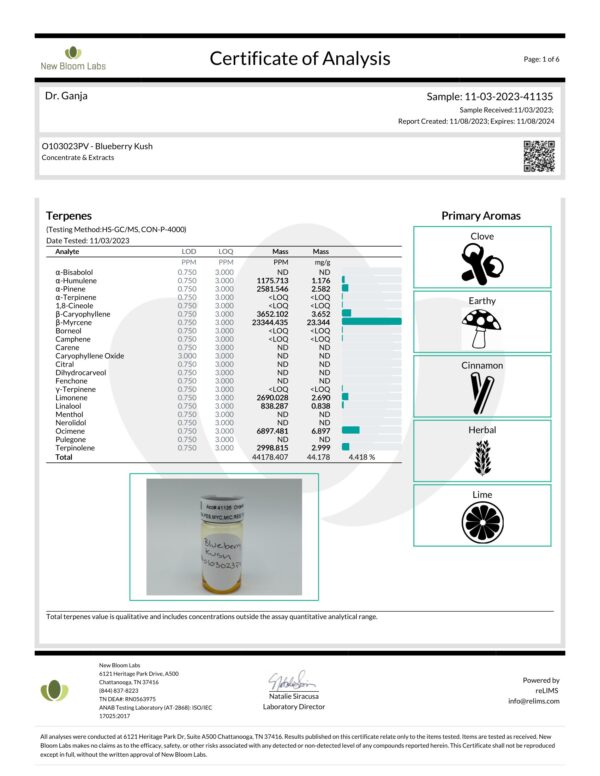 Diamond Distillate Vape Cartridge Blueberry Kush Terpenes Certificate of Analysis