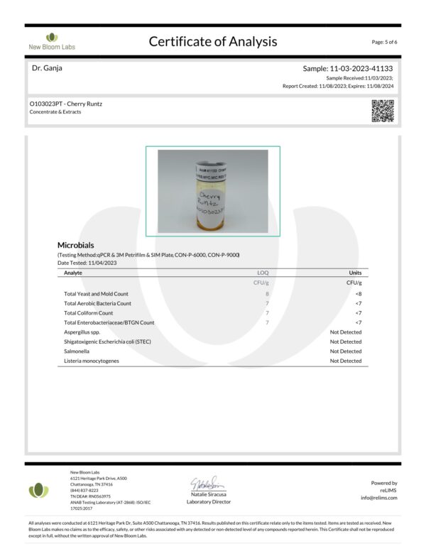 Diamond Distillate Vape Cartridge Cherry Runtz Microbials Certificate of Analysis