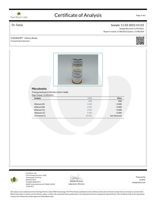 Diamond Distillate Vape Cartridge Cherry Runtz Mycotoxins Certificate of Analysis
