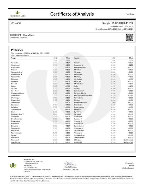 Diamond Distillate Vape Cartridge Cherry Runtz Pesticides Certificate of Analysis