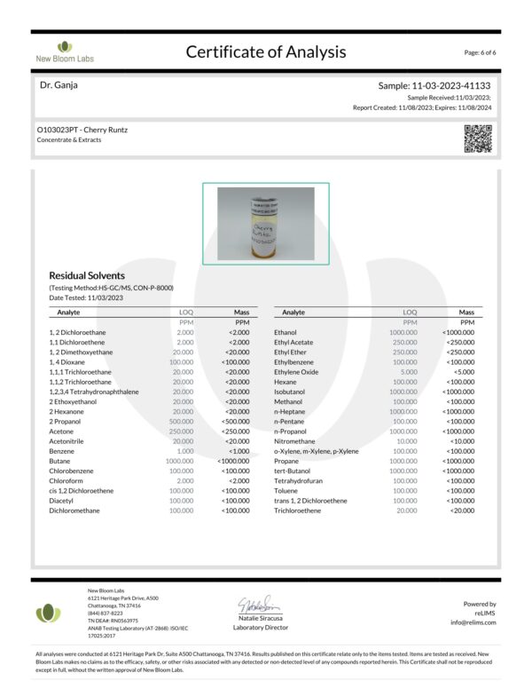 Diamond Distillate Vape Cartridge Cherry Runtz Residual Solvents Certificate of Analysis