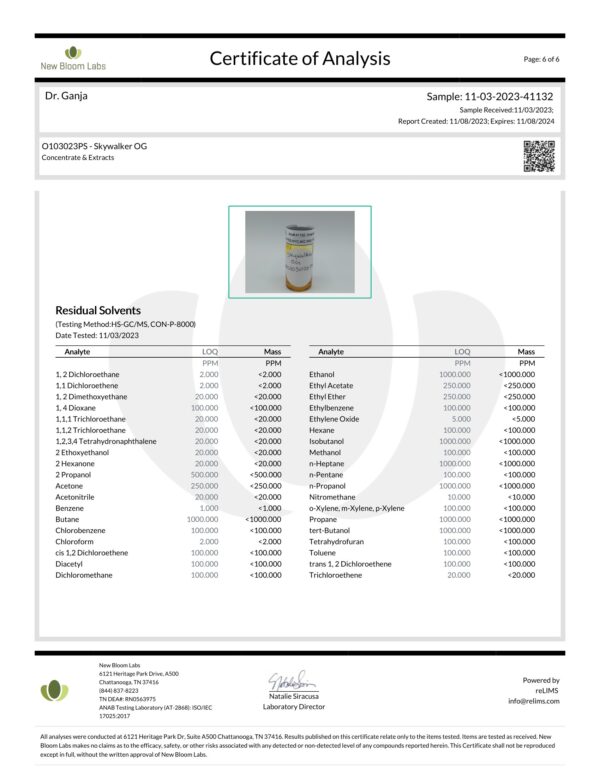 Diamond Distillate Vape Cartridge Skywalker OG Residual Solvents Certificate of Analysis