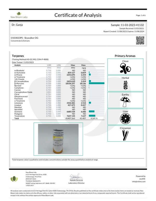 Diamond Distillate Vape Cartridge Skywalker OG Terpenes Certificate of Analysis