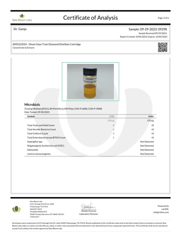 Dr.Ganja Diamond Distillate Cartridge Ghost Train Haze Microbials Certificate of Analysis