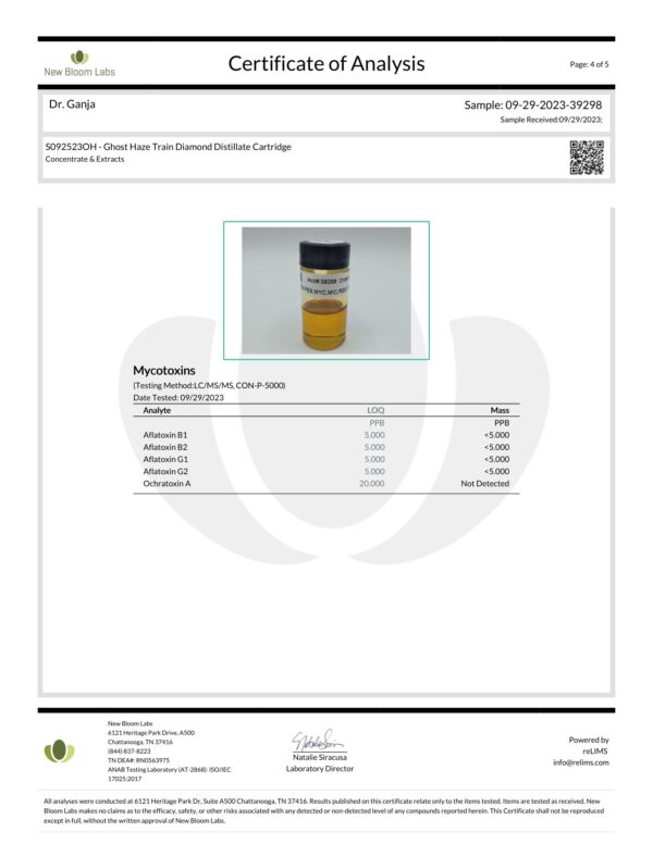 Dr.Ganja Diamond Distillate Cartridge Ghost Train Haze Mycotoxins Certificate of Analysis