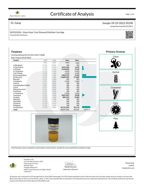 Dr.Ganja Diamond Distillate Cartridge Ghost Train Haze Terpenes Certificate of Analysis