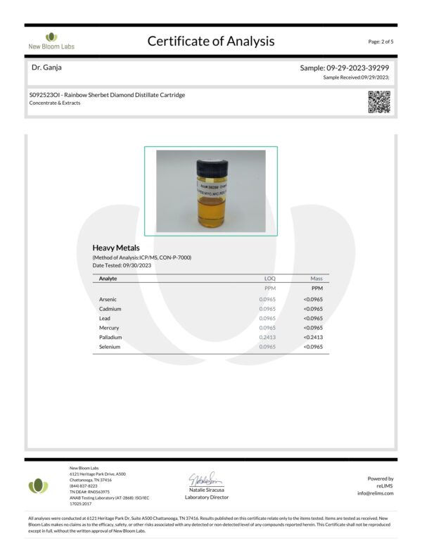 Dr.Ganja Diamond Distillate Cartridge Rainbow Sherbet Heavy Metals Certificate of Analysis