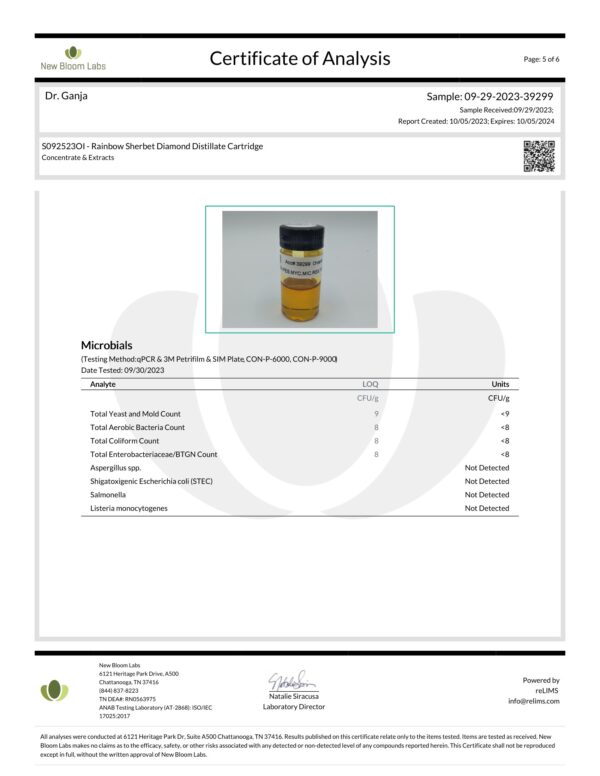 Dr.Ganja Diamond Distillate Cartridge Rainbow Sherbet Microbials Certificate of Analysis