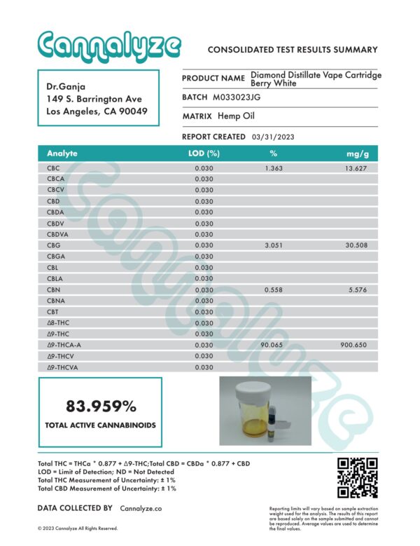 Dr.Ganja Diamond Distillate Vape Cartridge Berry White Cannabinoids Certificate of Analysis