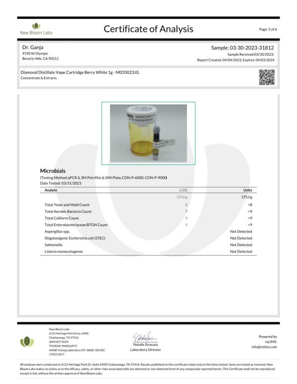 Dr.Ganja Diamond Distillate Vape Cartridge Berry White Microbials Certificate of Analysis