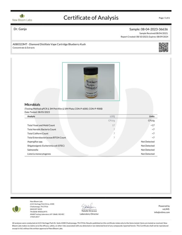 Dr.Ganja Diamond Distillate Vape Cartridge Blueberry Kush Microbials Certificate of Analysis