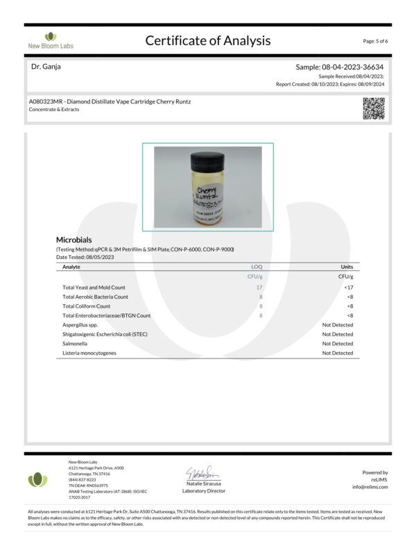 Dr.Ganja Diamond Distillate Vape Cartridge Cherry Runtz Microbials Certificate of Analysis